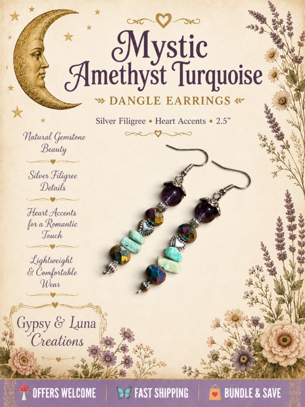 Handcrafted Purple Turquoise Dangle Earrings Silver Filigree Boho Mystic 2.5”